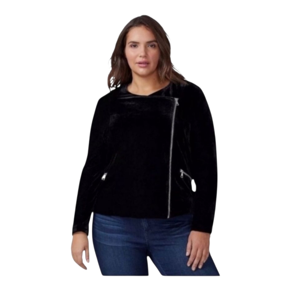 Lane Bryant Black Velvet Asymmetrical Zip Jacket